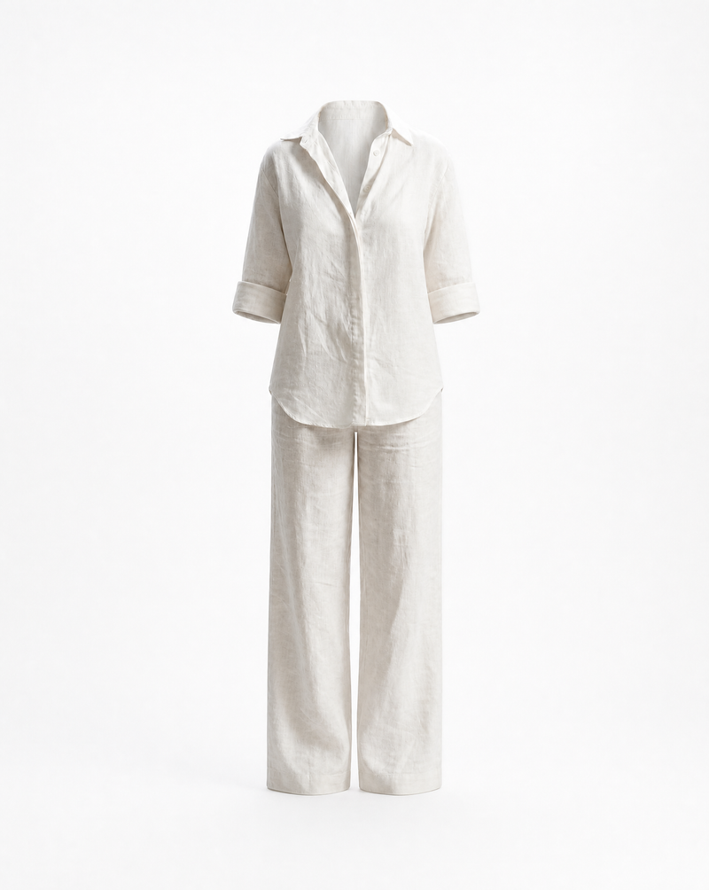 White linen shirt and pants set on a white background